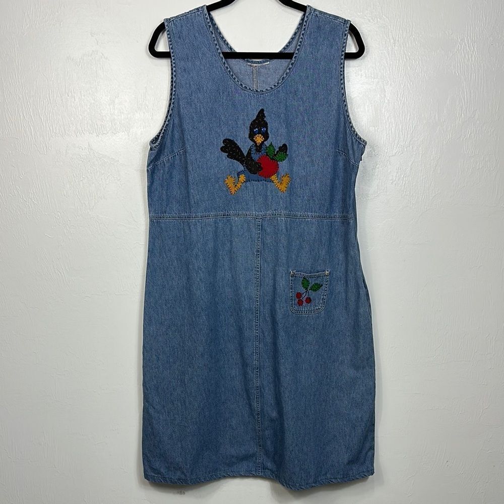 Vintage 90s Midi Sleeveless Embroidered Denim Dress Size XL